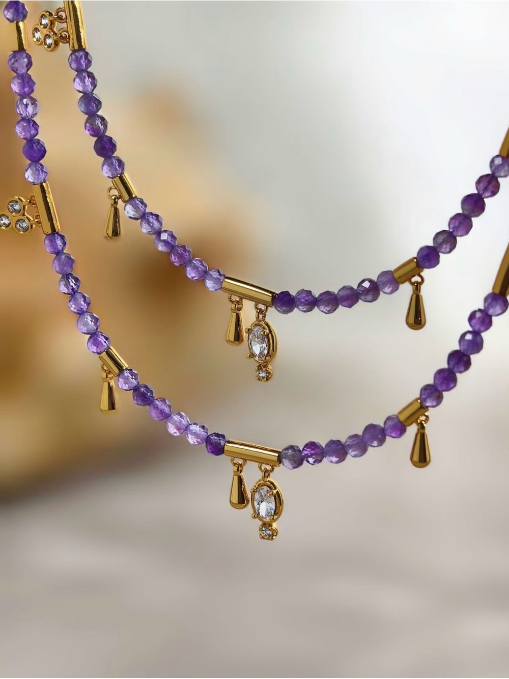 Brand New Natural Amethyst Beaded Charm Necklace with Gold-Tone Accents